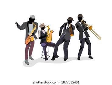Jazz band Musicians at a party. Hand drawn vector illustration.