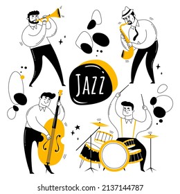 Jazz band. Musicians play instruments: trumpet, saxophone,double bass and drums. Vector illustration