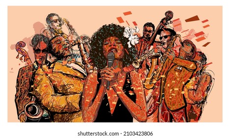 Jazz band on a colorful background - vector illustration (Ideal for printing on fabric or paper, poster or wallpaper, house decoration) 