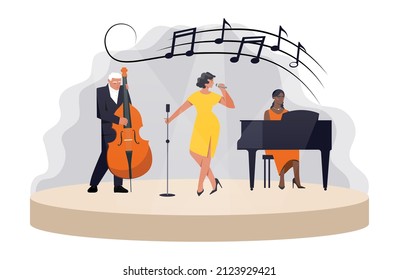 Jazz Band On Scene. Quality Music, Vocalist, Pianist And Double Bass Perform. Cafe Or Restaurant. Creativity And Artists. Musicians Rehearse, Band Playing Song. Cartoon Flat Vector Illustration