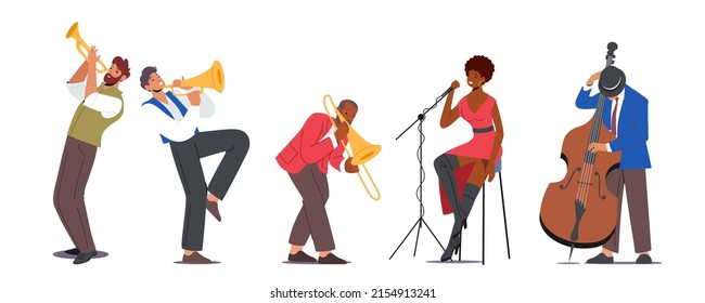 Jazz Band on Stage Performing Music Concert. Artists Characters on Scene with Musical Instruments Trumpet, Saxophone and Contrabass Accompany, Woman Singing Song. Cartoon People Vector Illustration