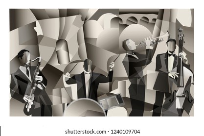 Jazz band in Paris cubist style - Vector Illustration