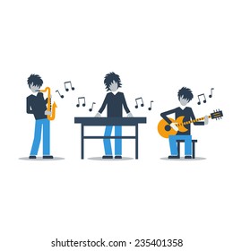 Jazz band performance. Acoustic music night show. Music band playing live concert, saxophone, keyboard and guitarist, vector flat illustration