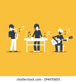Jazz band performance. Acoustic music night show. Music band playing live concert, saxophone, keyboard and guitarist, vector flat illustration