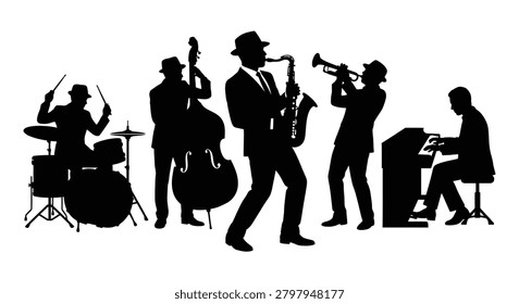 Jazz band performing with instruments a black silhouette against a white background musicians music ensemble