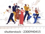 Jazz band performing music. Musicians playing instruments, singer singing song on stage. Blues group performance, concert with saxophone, drums. Flat vector illustration isolated on white background