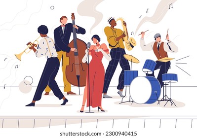 Jazz band performing music. Musicians playing instruments, singer singing song on stage. Blues group performance, concert with saxophone, drums. Flat vector illustration isolated on white background