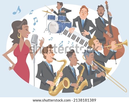 Jazz band performing with musical instruments. Jazz musicians: tenor sax, alto sax, trombone, trumpet, piano, double bass, drums, and singer. Vector illustration in flat cartoon style.