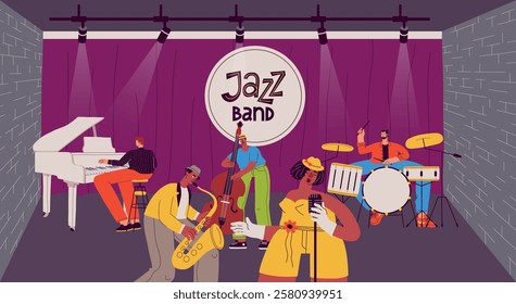 Jazz band performs on club stage. Public concert, professional musicians play instruments and sing, music orchestra, vector illustration