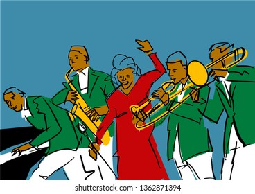 Jazz band: pianist, saxophonist, trombonist, songstress. Music band performance. Colorful musical illustration. Vector.