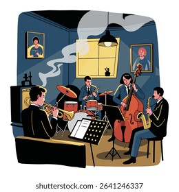 Jazz band playing in a dimly lit room.  Four musicians playing various instruments.