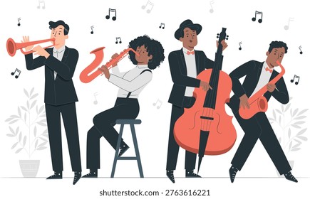 Jazz band playing instruments with musical notes musicians
