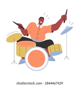 Jazz band playing music at festival, concert or perform on stage. Musicians play musical instruments - saxophone, drums, trumpet, double bass. Vector character illustration of entertainment artists