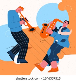 Jazz band playing music at festival, concert or perform on stage. Musicians play musical instruments - saxophone and trumpet. Vector character illustration of entertainment artists