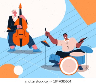 Jazz band playing music at festival, concert or perform on stage. Musicians play musical instruments - drums and contrabass. Vector character illustration of entertainment artists