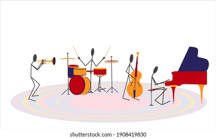 Jazz Band Playing Music Isolated On White Background. Piano, Double Bass, Drums, Trumpet. Classic Jazz Quartet. Sketchy Vector Illustration. 