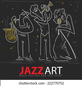 Jazz Band Playing Outline On Black (Vector Art)