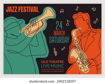 Jazz band poster. Party invitation. Music concert. Musical festival. Musicians play saxophone and trumpet. Theatre performance flyer. Color line drawing. Nightlife placard. Vector retro design banner