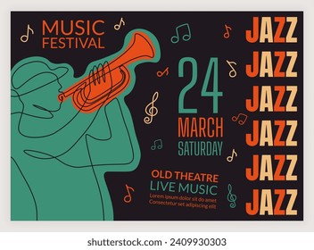 Jazz band poster. Party invitation. Music concert. Event flyer. Acoustic musical festival. Musician playing trumpet. Color line drawing. Nightlife entertainment placard. Vector retro design banner