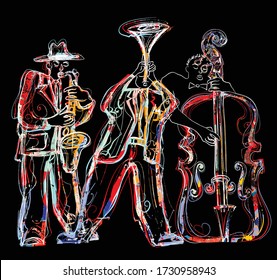 Jazz band with saxophone, trumpet and double-bass - Vector illustration (Ideal for printing on fabric or paper, poster or wallpaper, house decoration) 