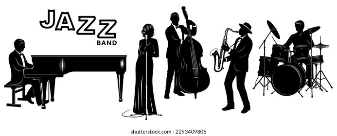 Jazz Band Silhouettes Set. Pianist, Singer, Double Bassist, Saxophonist, Drummer. Vector cliparts. svg