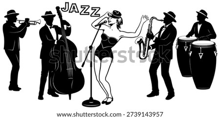 Jazz Band Silhouettes Set. Singer, Double Bassist, Saxophonist, Drummer, Trumpet. Vector cliparts.