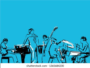 Banda de jazz. Cantante, pianista, batería, contrabando y saxofón. Ilustración de grupo musical. Contorno negro sobre fondo azul. Rendimiento en el escenario. Dibujo vectorial.