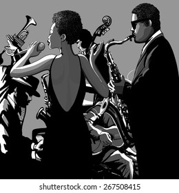 Jazz band with singer, saxophone, double bass and piano - Vector illustration