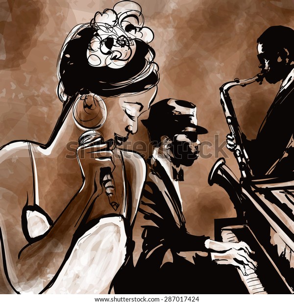 Jazz band with singer, saxophone and piano - Wallpaper. vector illustration