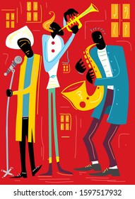 Jazz Band in the Street, Sax, Trumpet and Singer (Vector Art)