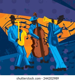 Jazz Band A jazz band with a trumpet player, bassist, and saxophonist over a decorative grunge background.   