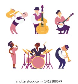 Jazz band vector colorful illustration. Cartoon jazz musicians set: contrabassist, saxophone, drum, clarinet, banjo player and singer. Isolated on white background 