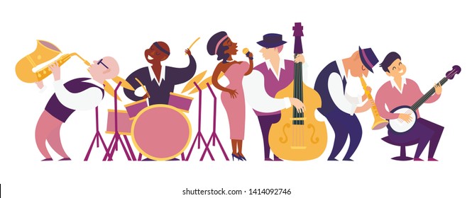 Jazz band vector colorful illustration. Cartoon jazz musicians set: contrabassist, saxophone, drum, clarinet, banjo player and singer. Isolated on white background 