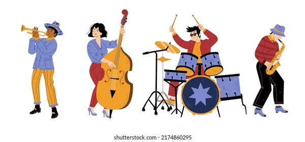 Jazz band vibe, artists performing music on stage. Men and woman playing on instruments drum, saxophone, trumpet and double bass. Musical concert, performance, show, Line art flat vector illustration