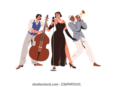 Jazz band with woman singer at microphone and music instrument players. Female vocalist singing, musicians playing double bass, trumpet. Flat graphic vector illustration isolated on white background