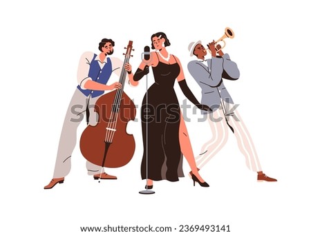 Jazz band with woman singer at microphone and music instrument players. Female vocalist singing, musicians playing double bass, trumpet. Flat graphic vector illustration isolated on white background