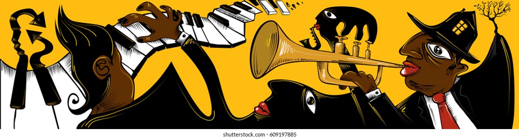 Jazz Banner, Band Playing in an Event, Stylish Trumpet Player (Vector Art)