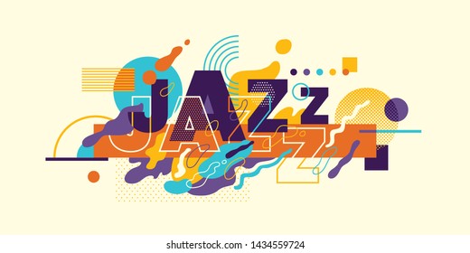 Diseño de pancarta de jazz con tipografía, hecho de varias formas fluidas y geométricas en color. Ilustración vectorial.