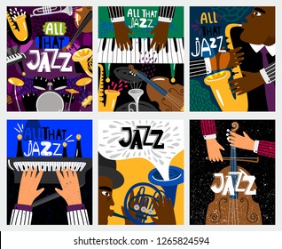 Pancartas de jazz. Afiches vectoriales de música jazz con instrumentos musicales como saxofón y piano, bajo doble y tambores para el festival del blues