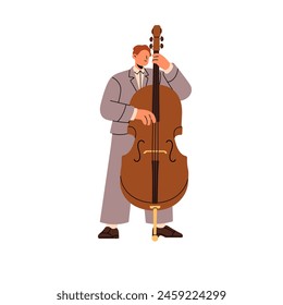 Jazz bassist in suit plays contrabass in blues concert. Professional musician, player performs with double or string bass in music performance. Flat isolated vector illustration on white background