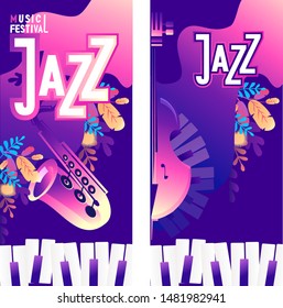jazz blues concert, graphic poster template, evening entertainment, live music show, vector illustration two sides set