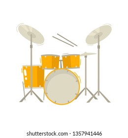 Jazz and blues drums isolated on white background. Cartoon vector illustration of music festival instrument in yellow color used for music poster, magazine, tickets.