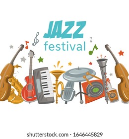 Jazz and blues festival or music party vector illustration with sample text and musical instruments. Guitar, trumpet, violin, saxophone and electro piano isolated on white.