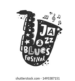 Jazz and blues festival vector banner template. Saxophone silhouette with stylized lettering. Cultural entertainment. Musical instrument with ink drops. Poster design element.