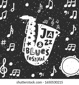 Jazz and blues festival vector illustration. Saxophone silhouette with stylized lettering. Cultural entertainment. Musical instrument with ink drops. Poster, card design.