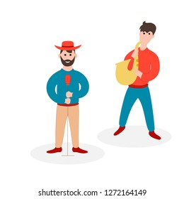 Jazz or blues music band. Country musical festival group. Musicians with saxophone and soul singer. Vector isolated illustration.