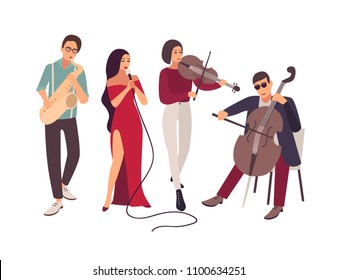 Jazz or blues music band performing on stage during concert. Elegant men and women singing song and playing musical instruments isolated on white background. Flat cartoon vector illustration