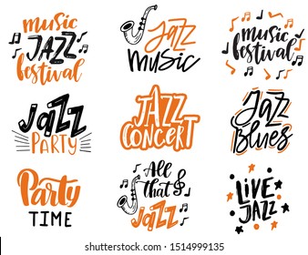 Jazz , blues, music concept set. Music posters, logo, card design. Calligraphy. Lettering. Black and orange vector illustration on a white background.