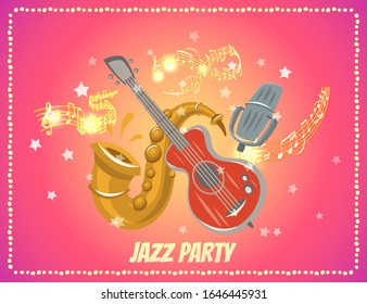 Jazz and blues music party or festival poster vector illustration with sample text and musical instruments, stars and musical notes on pink retro background. Guitar and saxophone.