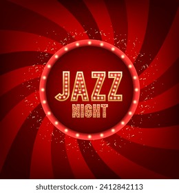 Jazz, blues music poster, flyer template. Red vintage light banner vector illustration. Shining retro frame. Retro lightboxes, cinema signs or billboard signage. Vector illustration